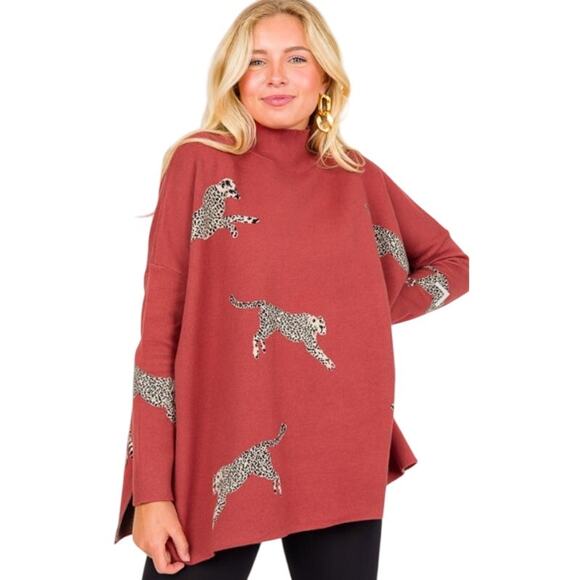 Entro Big Cat Leopard Print Mock Neck Oversized Sweater in Rust Womens Small - Picture 1 of 9